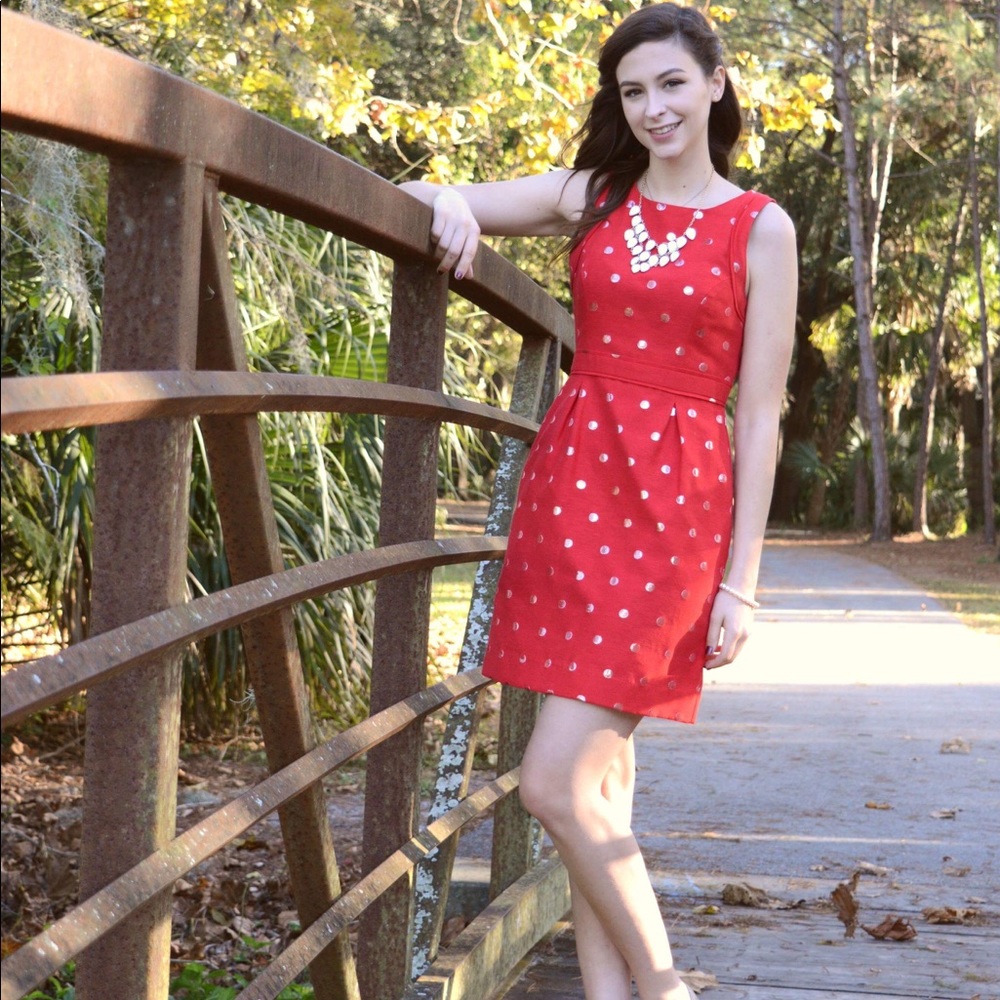 Red shift dress with sliver polka dots